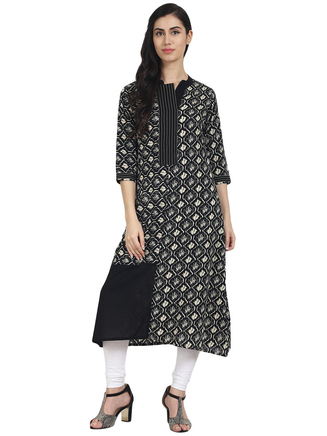 Women Black Printed cotton 3/4th Sleeve A-Line Kurta | NOZ2TOZ - Made In INDIA.