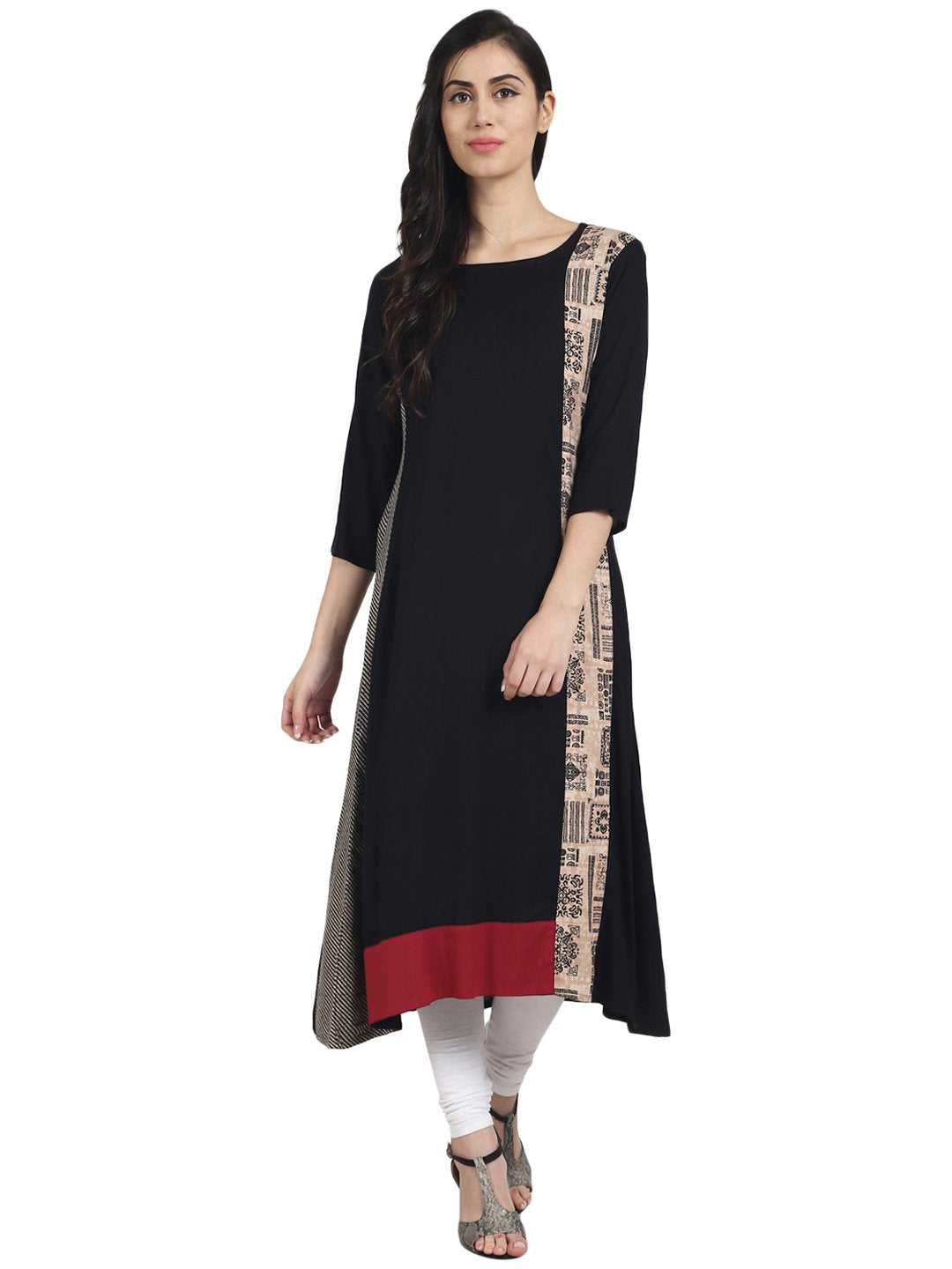 Black 3/4th Sleeve rayon Assymetrical A-line Kurta | NOZ2TOZ - Made In INDIA.