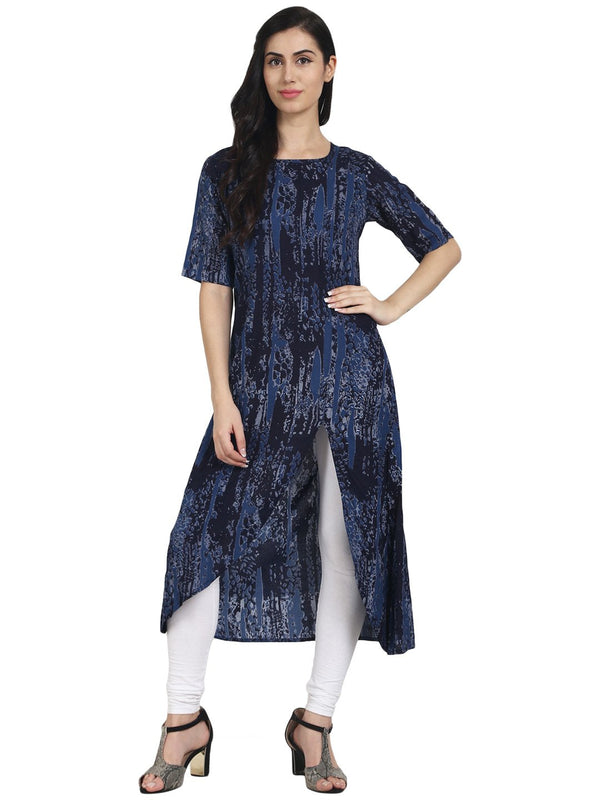 Women Blue Printed half Sleeve cotton Kurta with front slit | NOZ2TOZ - Made In INDIA.