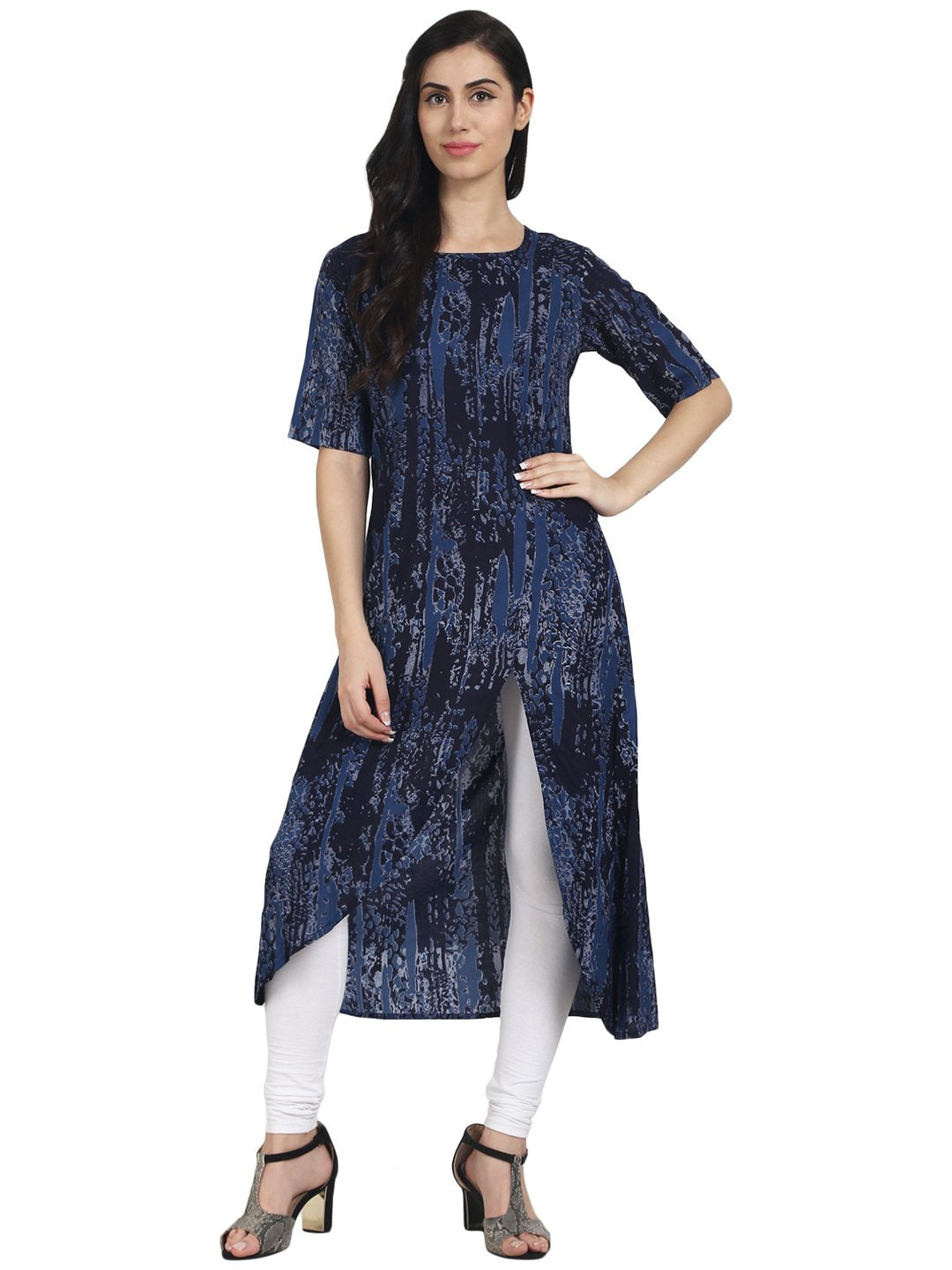 Blue Printed half Sleeve cotton Kurta with front slit | NOZ2TOZ - Made In INDIA.