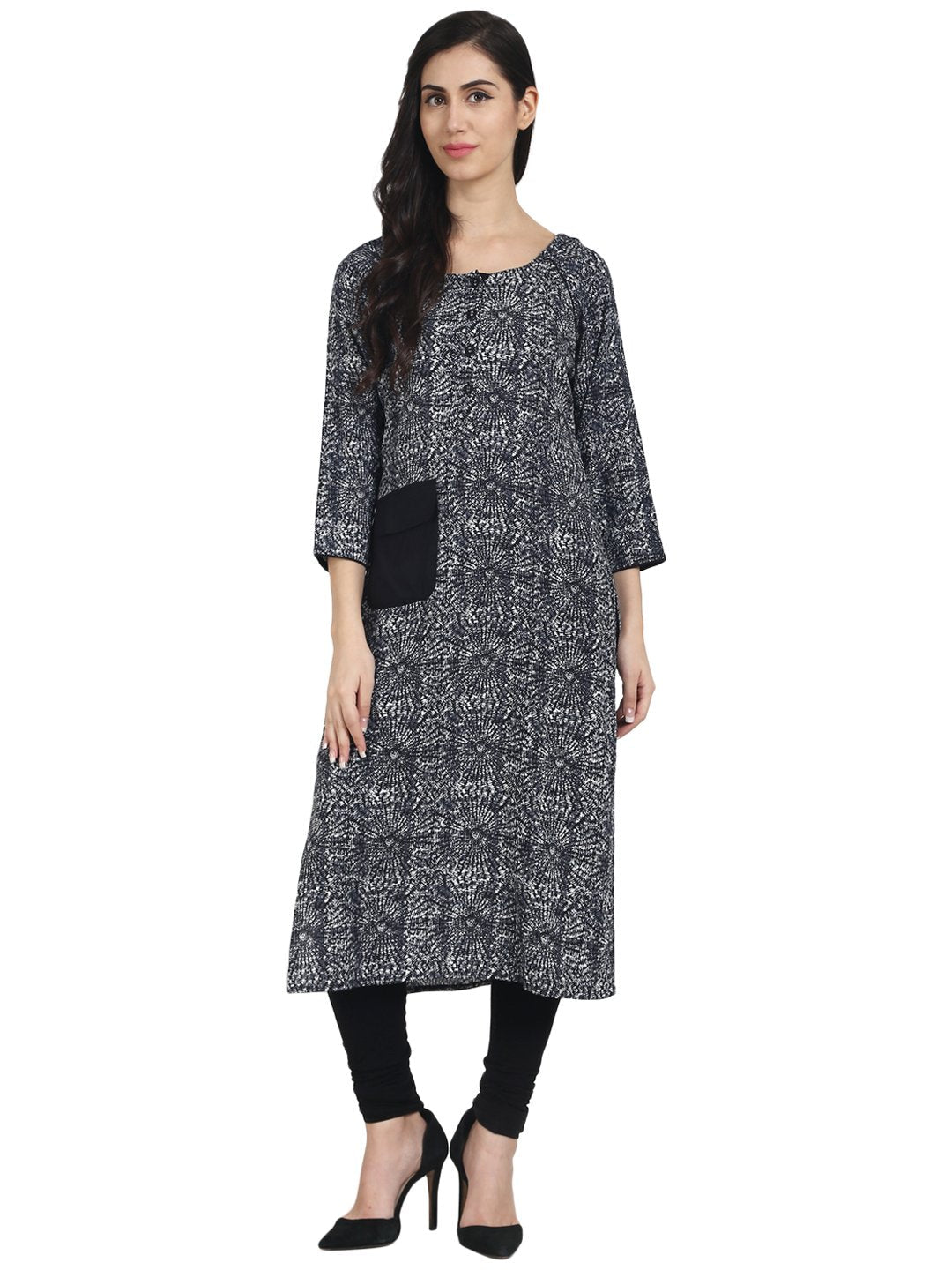 Women Black Printed 3/4th Sleeve rayon Kurta with 1 pocket | NOZ2TOZ - Made In INDIA.