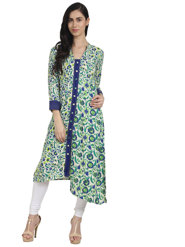 Green printed 3/4th Sleeve rayon Assymetric Kurta with Front Open | NOZ2TOZ - Made In INDIA.