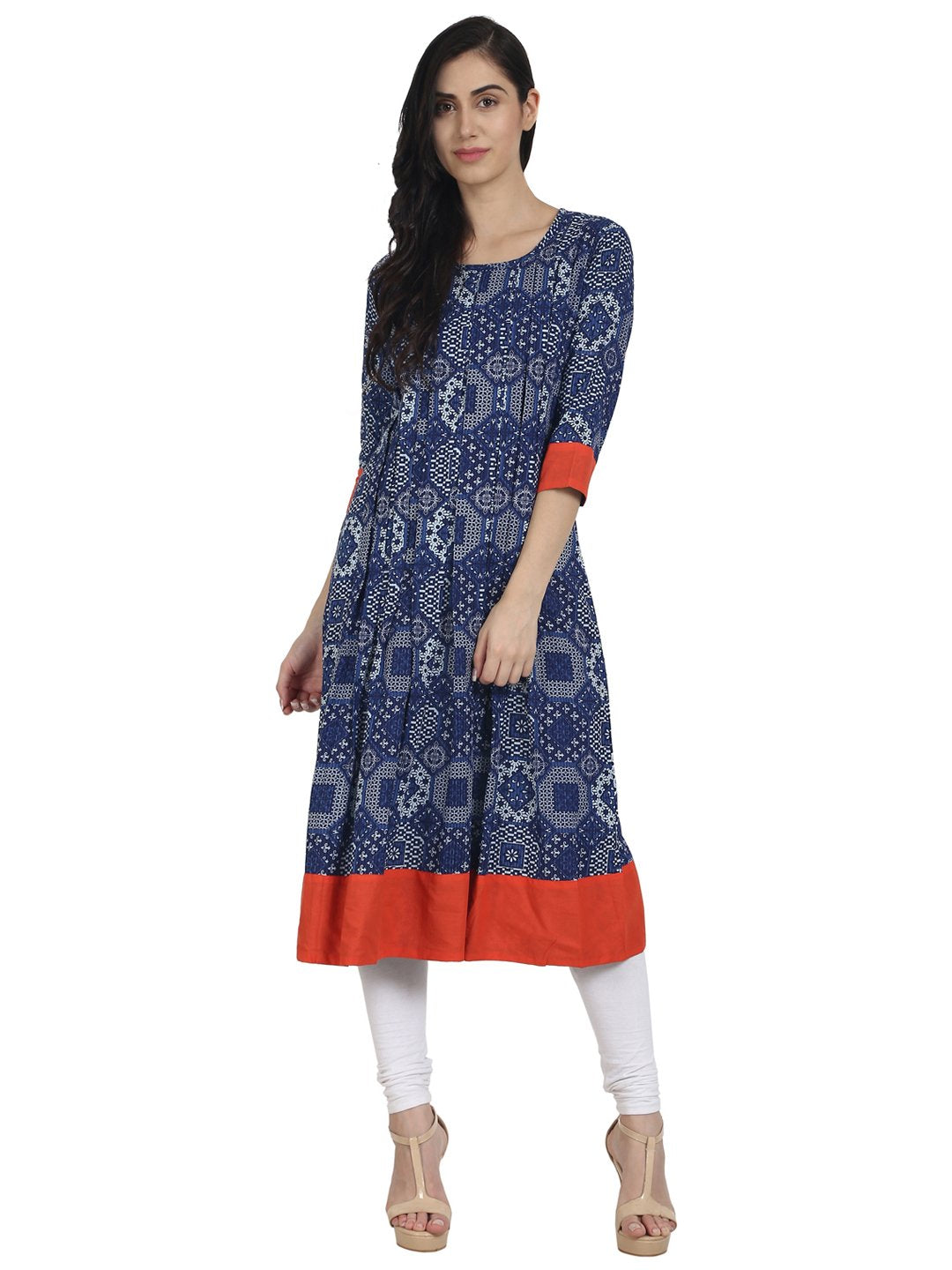 Women Blue 3/4th Sleeve cotton Printed A-line Kurta | NOZ2TOZ - Made In INDIA.