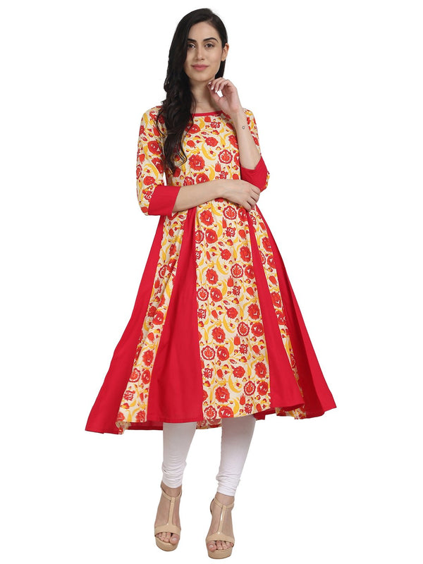 Red Printed 3/4th Sleeve rayon A-line kurta | NOZ2TOZ - Made In INDIA.