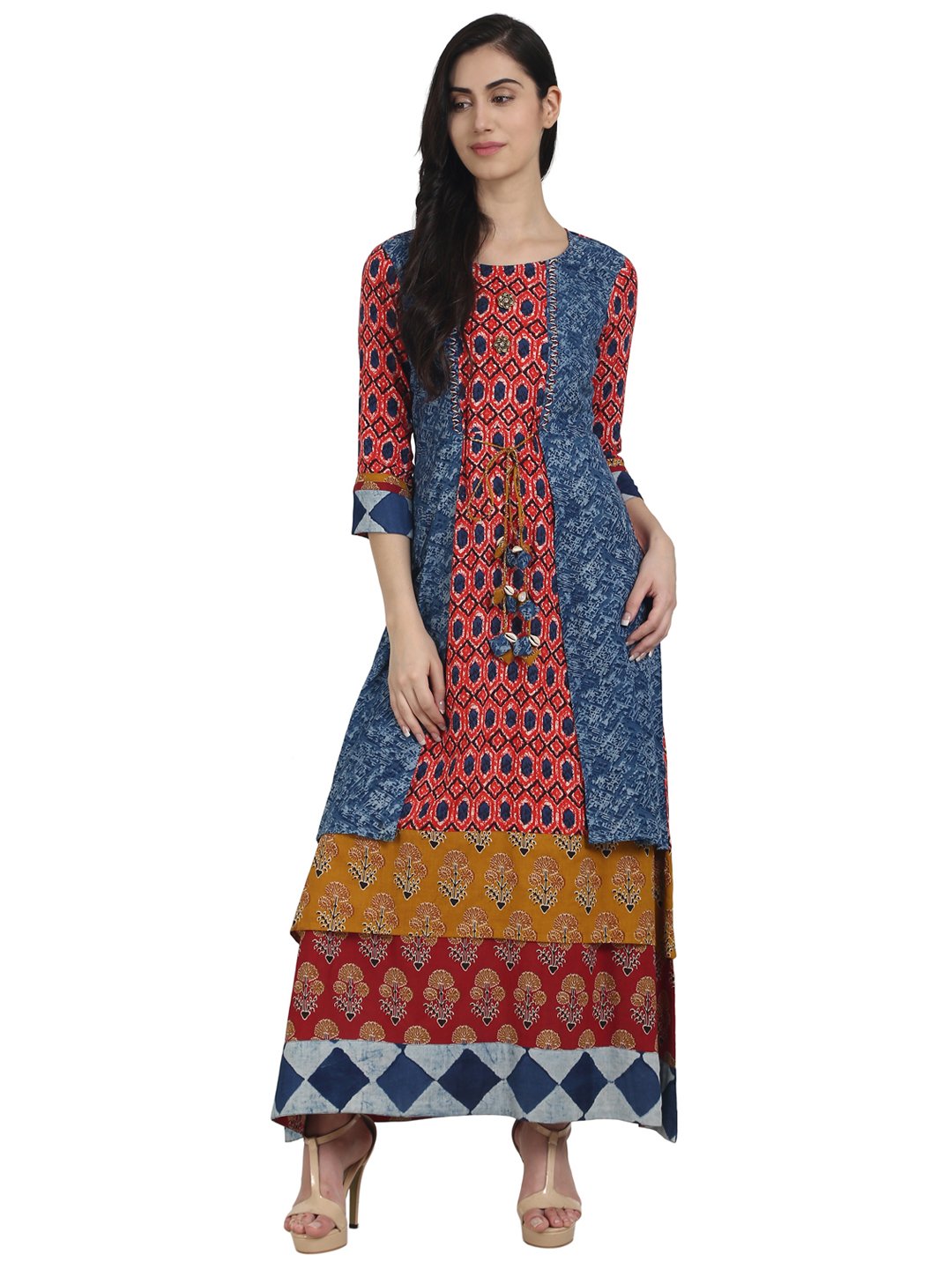 Women Blue printed 3/4th sleeve cotton A-line kurta | NOZ2TOZ - Made In INDIA.