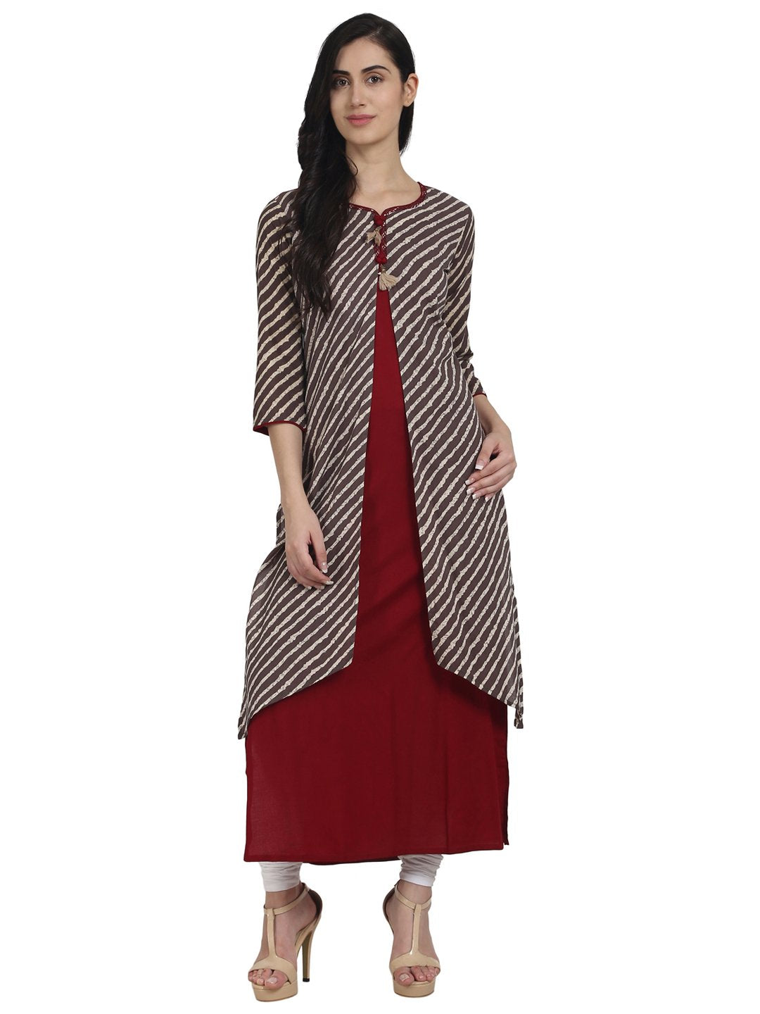 Women Maroon cotton sleeveless kurta with 3/4th sleeve beige printed front open kurta | NOZ2TOZ - Made In INDIA.