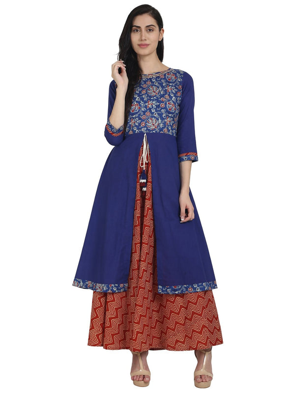 Blue & red printed cotton 3/4th sleeve double layer kurta | NOZ2TOZ - Made In INDIA.