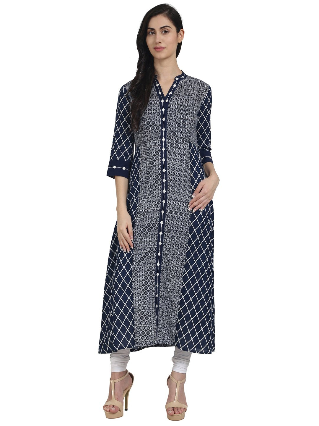 Women Blue printed cotton 3/4th sleeve front open A-line kurta | NOZ2TOZ - Made In INDIA.