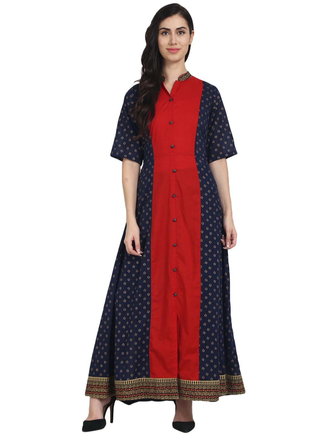 Women Blue printed cotton half sleeve front open floor length A-line kurta | NOZ2TOZ - Made In INDIA.