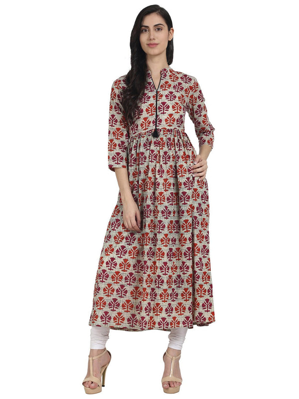 Women Red printed 3/4th sleeve cotton anarkali kurta | NOZ2TOZ - Made In INDIA.