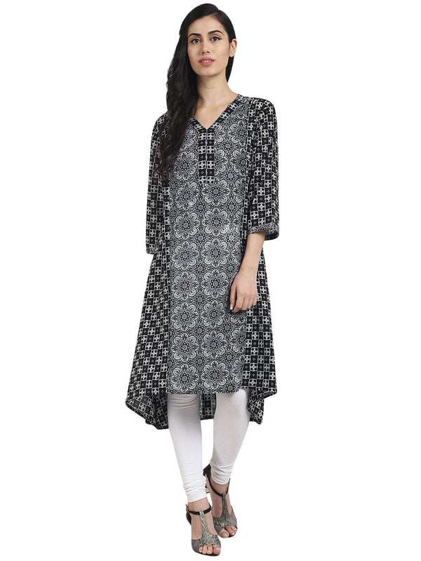 Black printed 3/4th sleeve cotton low-high kurta | NOZ2TOZ - Made In INDIA.