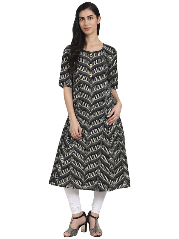 Black printed half sleeve cotton A-line kurta with front pocket | NOZ2TOZ - Made In INDIA.