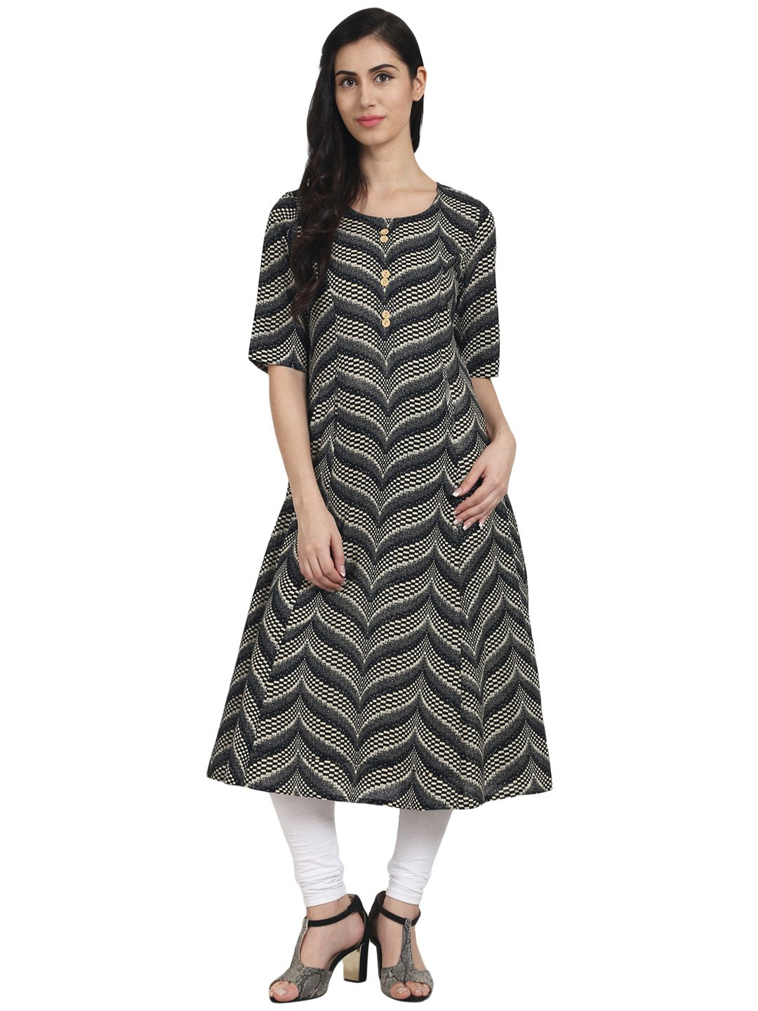 Women Black printed half sleeve cotton A-line kurta with front pocket | NOZ2TOZ - Made In INDIA.