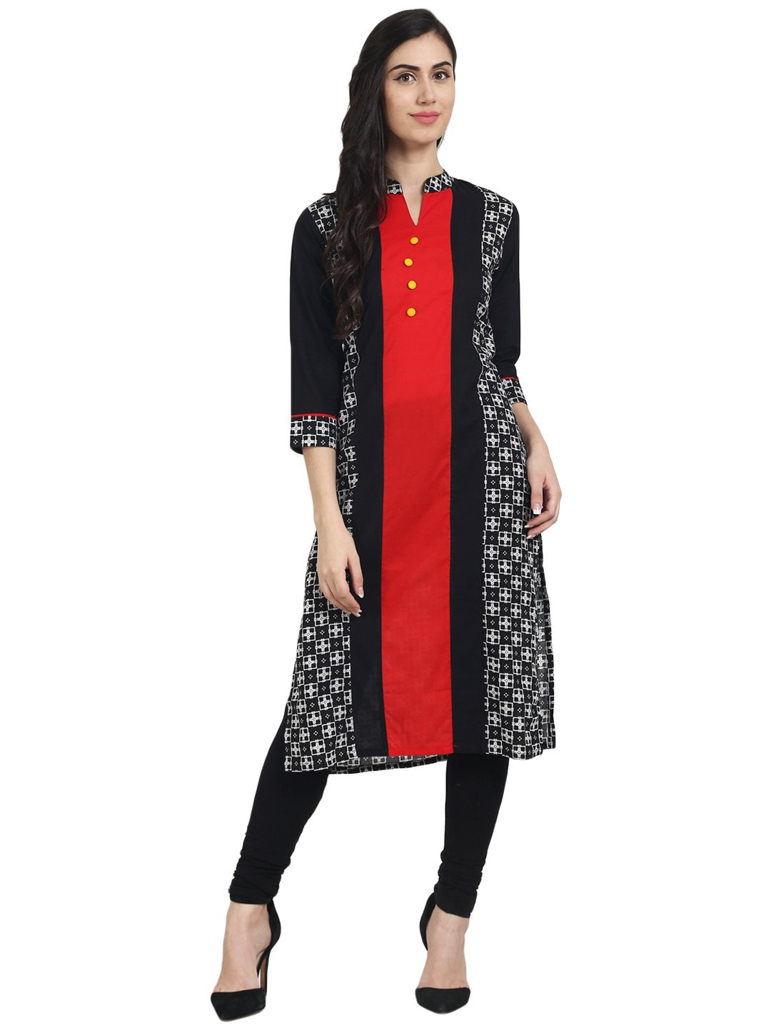 Women Black printed 3/4th sleeve cotton kurta | NOZ2TOZ - Made In INDIA.