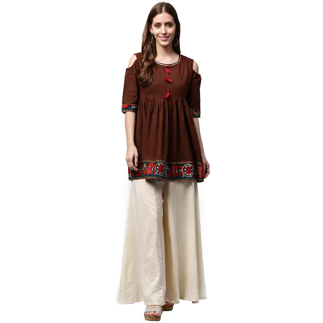 Coffee color 3/4th Sleeve Cold shoulder cotton Cropped Anarkali kurta | NOZ2TOZ - Made In INDIA.