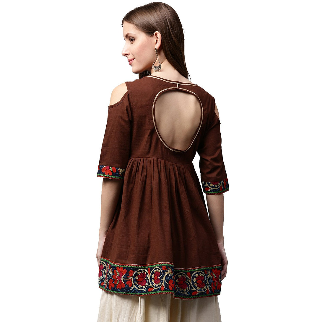 Coffee color 3/4th Sleeve Cold shoulder cotton Cropped Anarkali kurta | NOZ2TOZ - Made In INDIA.