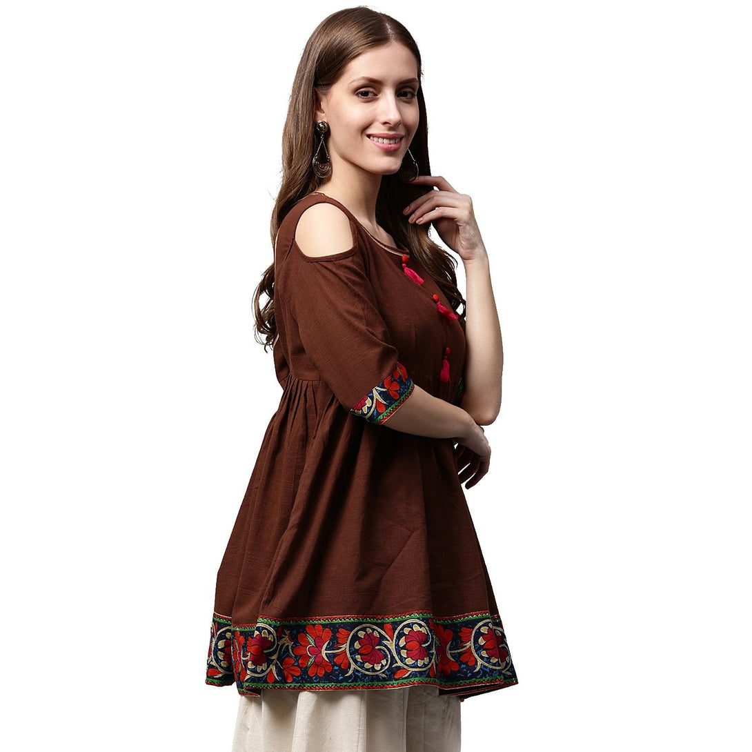 Coffee color 3/4th Sleeve Cold shoulder cotton Cropped Anarkali kurta | NOZ2TOZ - Made In INDIA.