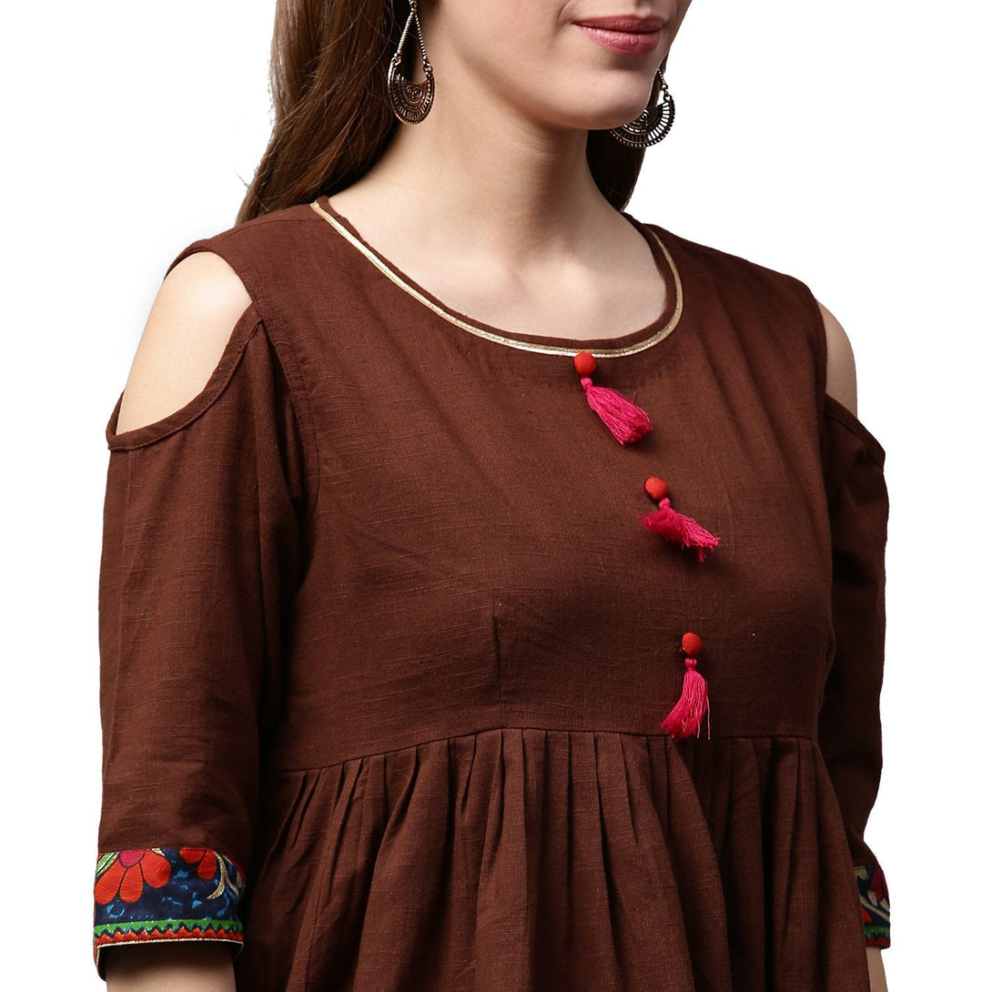 Coffee color 3/4th Sleeve Cold shoulder cotton Cropped Anarkali kurta | NOZ2TOZ - Made In INDIA.