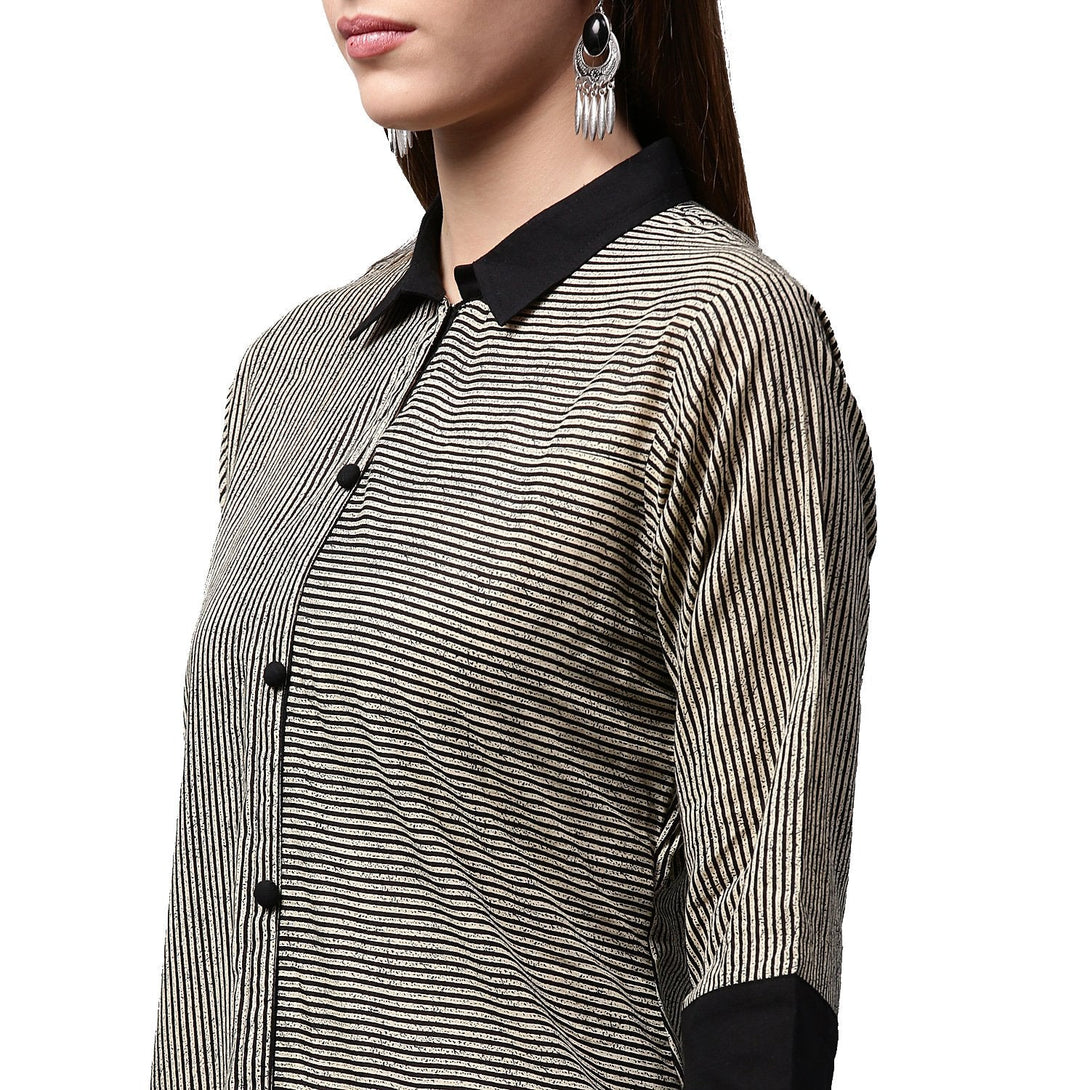 Black printed 3/4th sleeve cotton front open kurta | NOZ2TOZ - Made In INDIA.