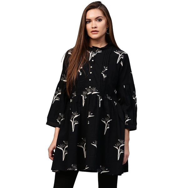 Black printed 3/4th Sleeve Cotton Flared tunic | NOZ2TOZ - Made In INDIA.