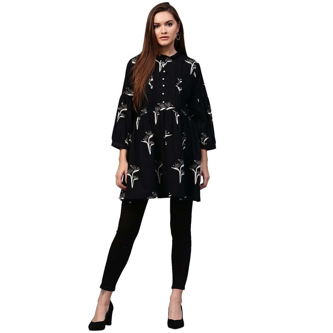 Black printed 3/4th Sleeve Cotton Flared tunic | NOZ2TOZ - Made In INDIA.