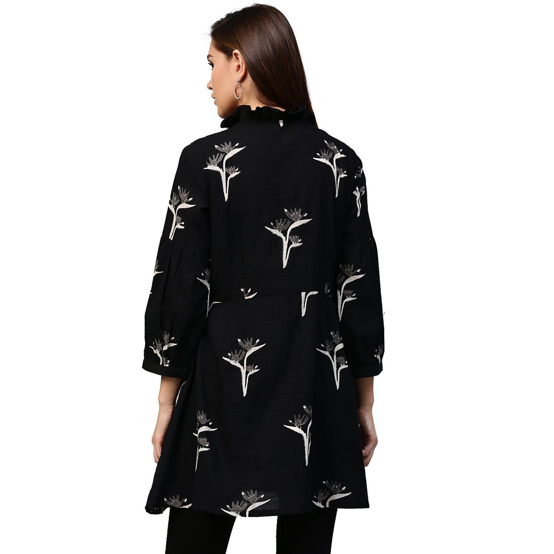 Black printed 3/4th Sleeve Cotton Flared tunic | NOZ2TOZ - Made In INDIA.