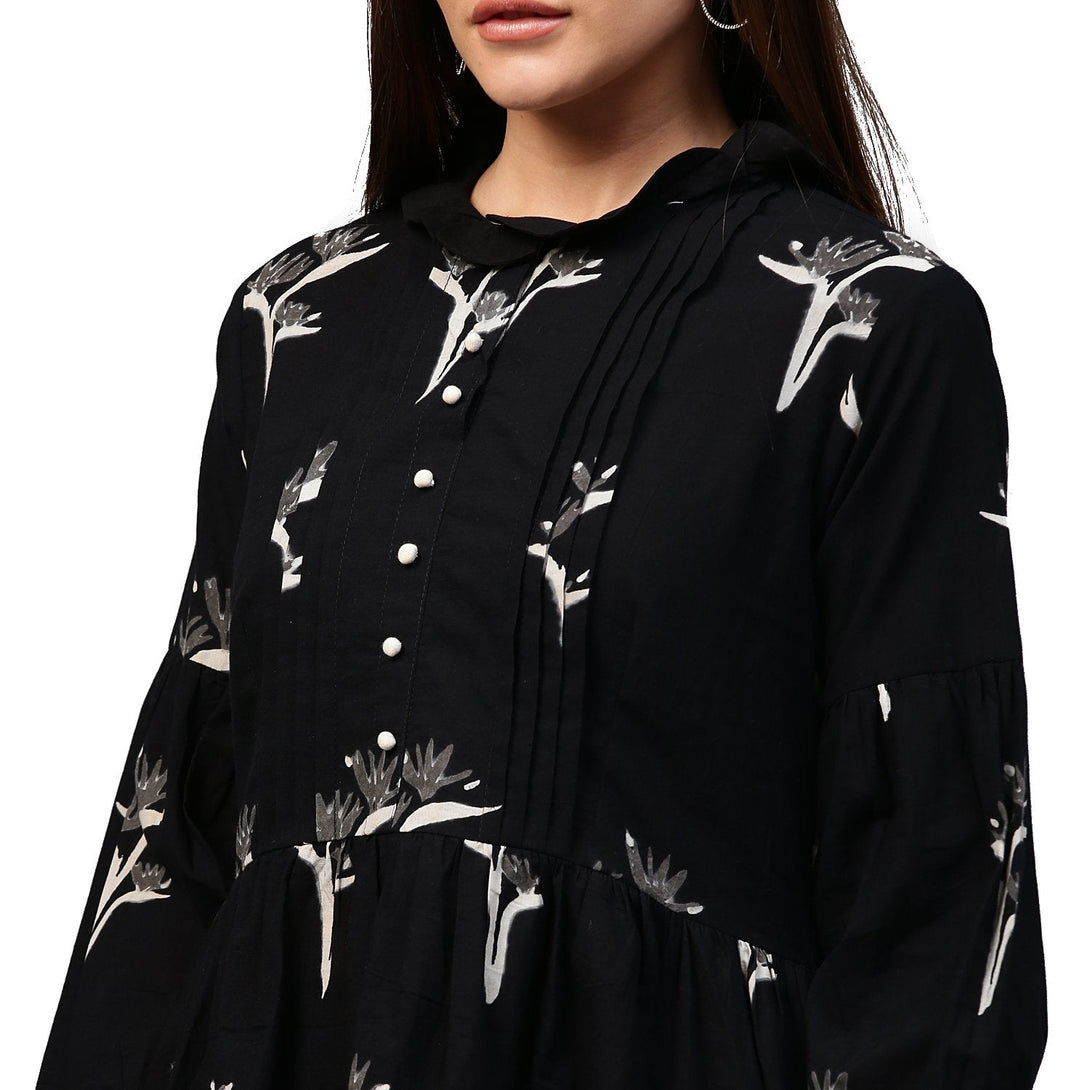 Black printed 3/4th Sleeve Cotton Flared tunic | NOZ2TOZ - Made In INDIA.