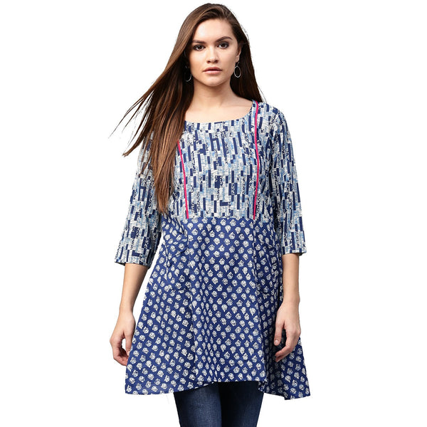 Blue printed 3/4th Sleeve Cotton A-line Tunics | NOZ2TOZ - Made In INDIA.