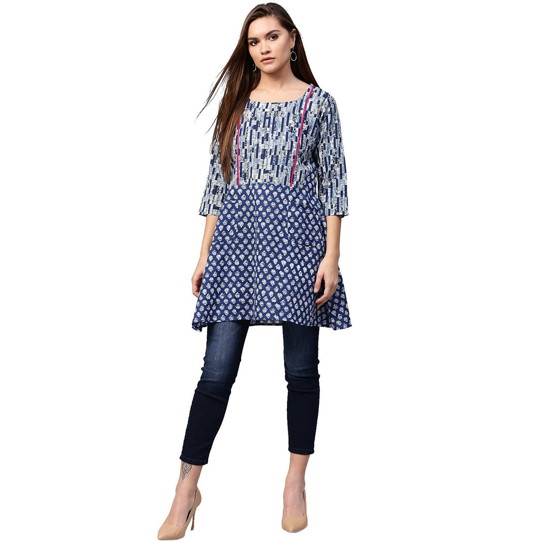 Blue printed 3/4th Sleeve Cotton A-line Tunics | NOZ2TOZ - Made In INDIA.