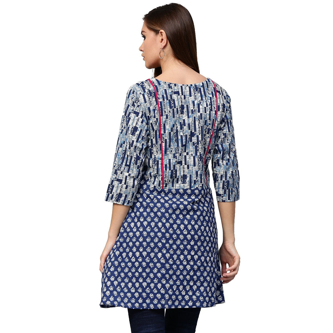 Blue printed 3/4th Sleeve Cotton A-line Tunics | NOZ2TOZ - Made In INDIA.