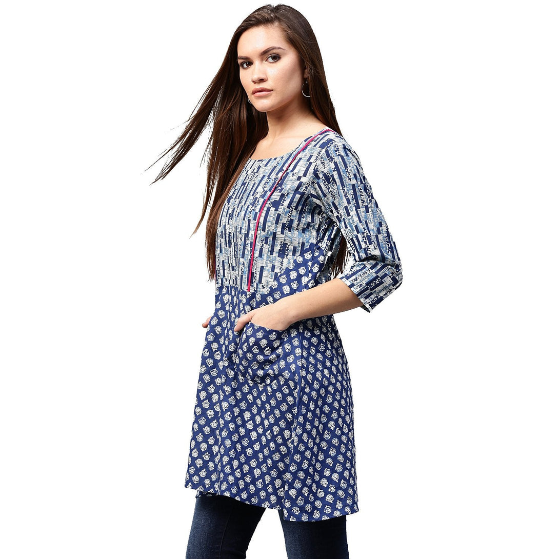 Blue printed 3/4th Sleeve Cotton A-line Tunics | NOZ2TOZ - Made In INDIA.