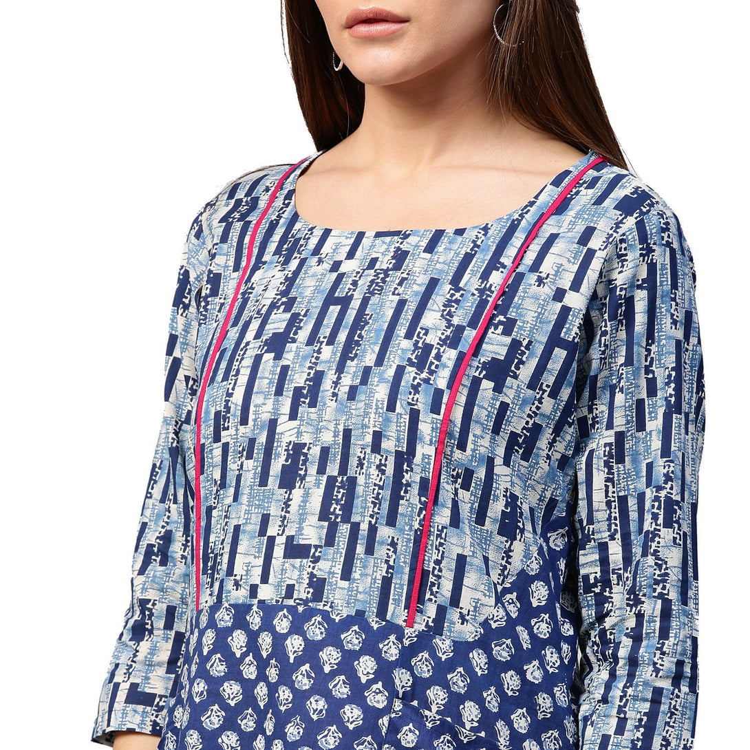 Blue printed 3/4th Sleeve Cotton A-line Tunics | NOZ2TOZ - Made In INDIA.