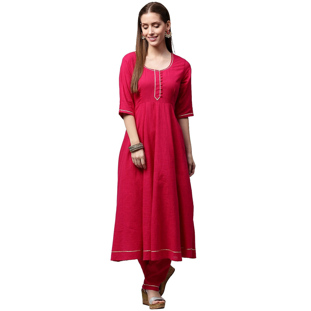 Pink 3/4th Sleeve Cotton Slub Anarkali kurta with pink flared Palazzo | NOZ2TOZ - Made In INDIA.