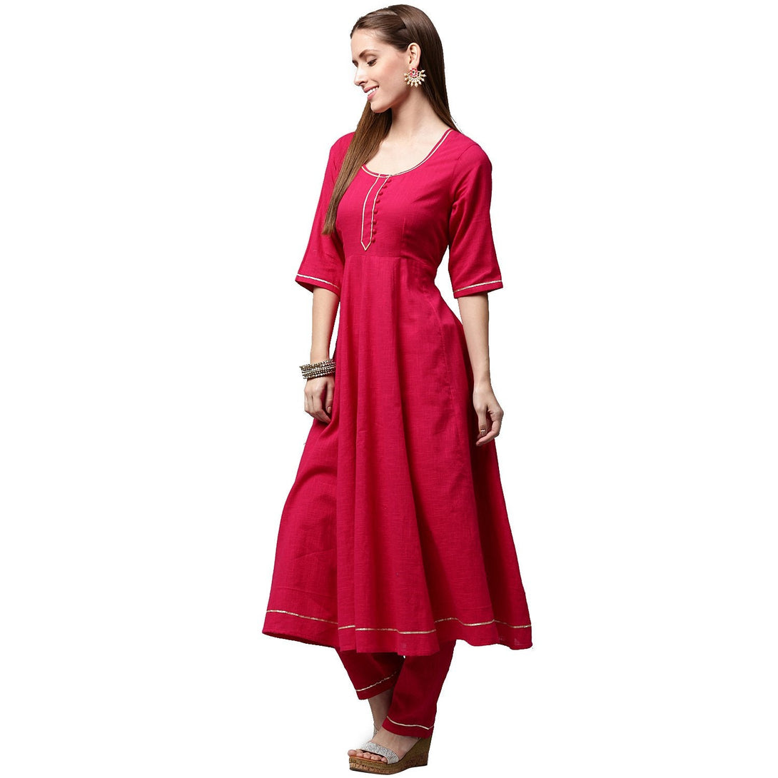 Pink 3/4th Sleeve Cotton Slub Anarkali kurta with pink flared Palazzo | NOZ2TOZ - Made In INDIA.