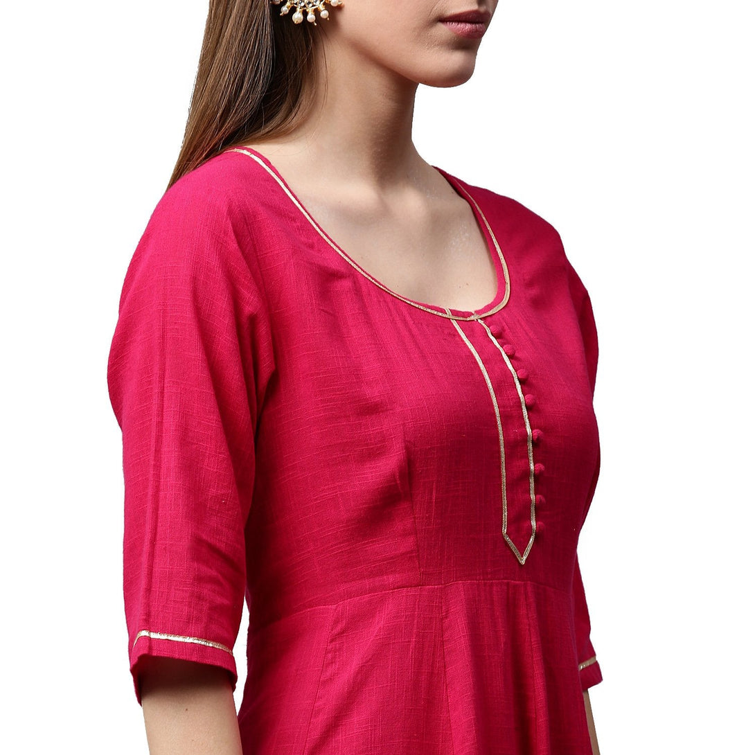 Pink 3/4th Sleeve Cotton Slub Anarkali kurta with pink flared Palazzo | NOZ2TOZ - Made In INDIA.