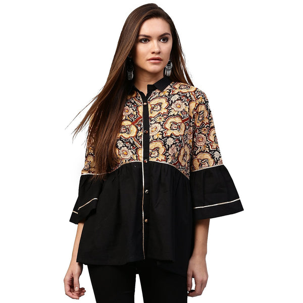 Black printed 3/4th Sleeve Cotton Flared tunic | NOZ2TOZ - Made In INDIA.