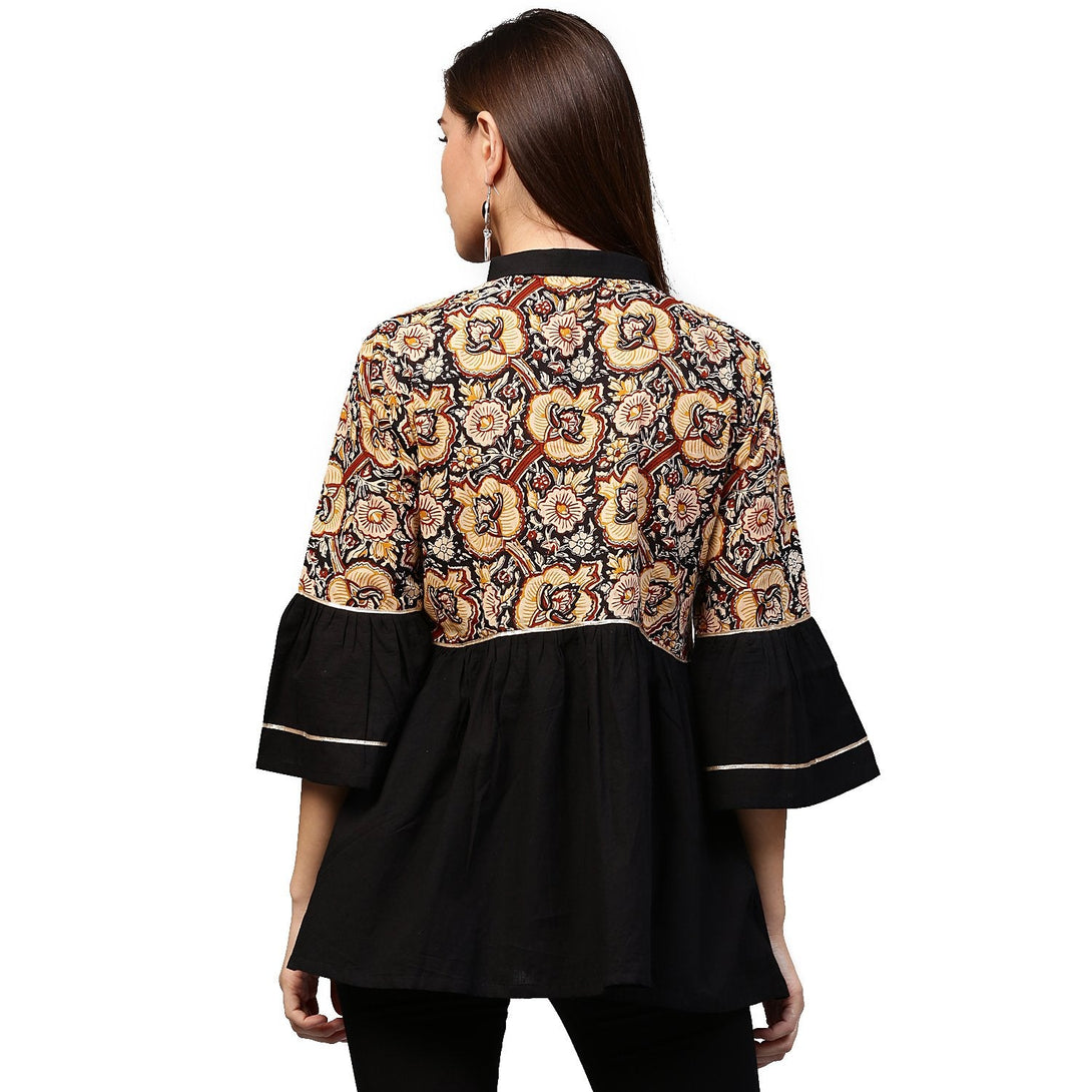 Black printed 3/4th Sleeve Cotton Flared tunic | NOZ2TOZ - Made In INDIA.