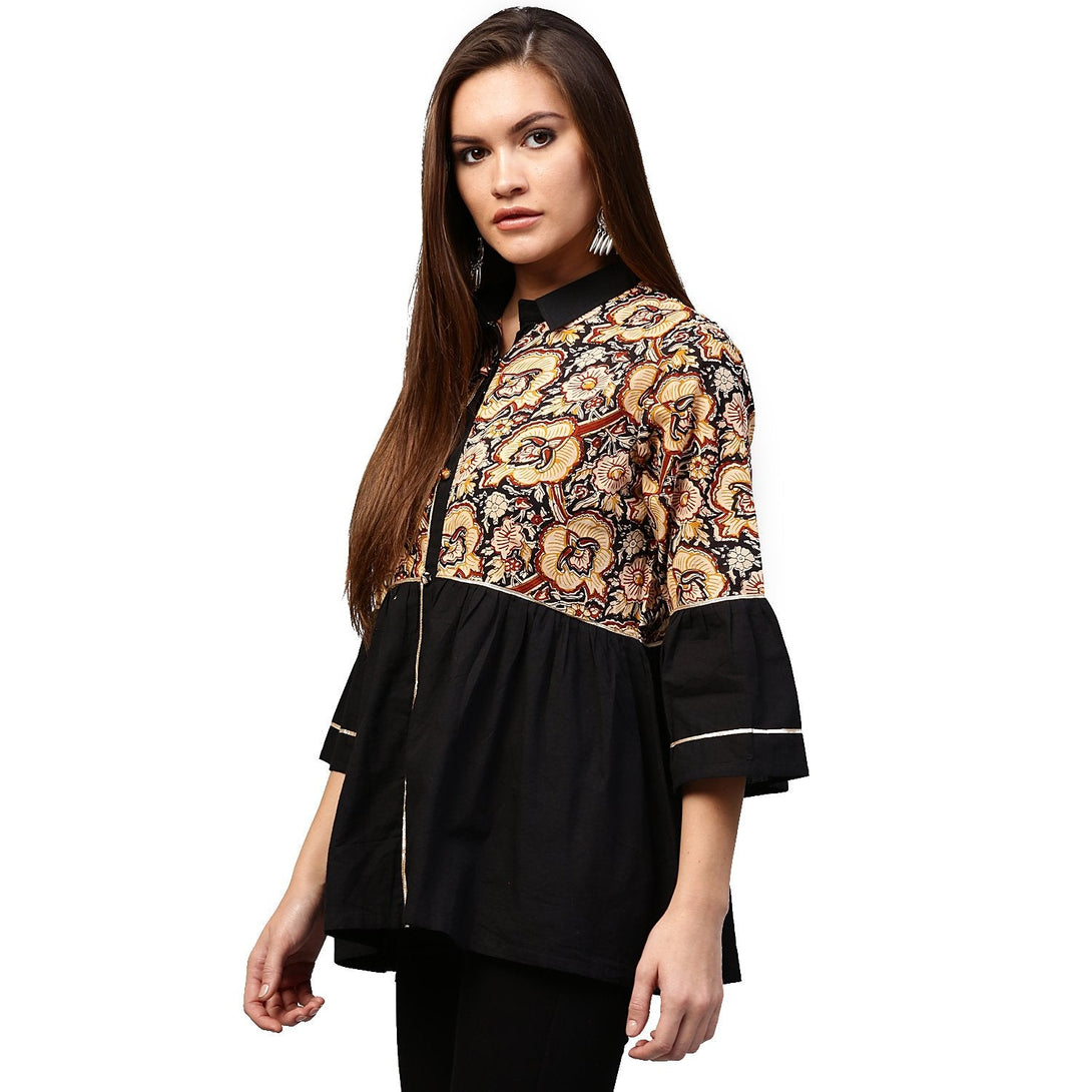 Black printed 3/4th Sleeve Cotton Flared tunic | NOZ2TOZ - Made In INDIA.