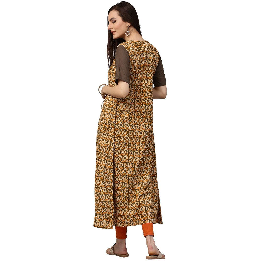 Dark green half sleeve cotton Kurta with Yellow printed floor length Jacket | NOZ2TOZ - Made In INDIA.