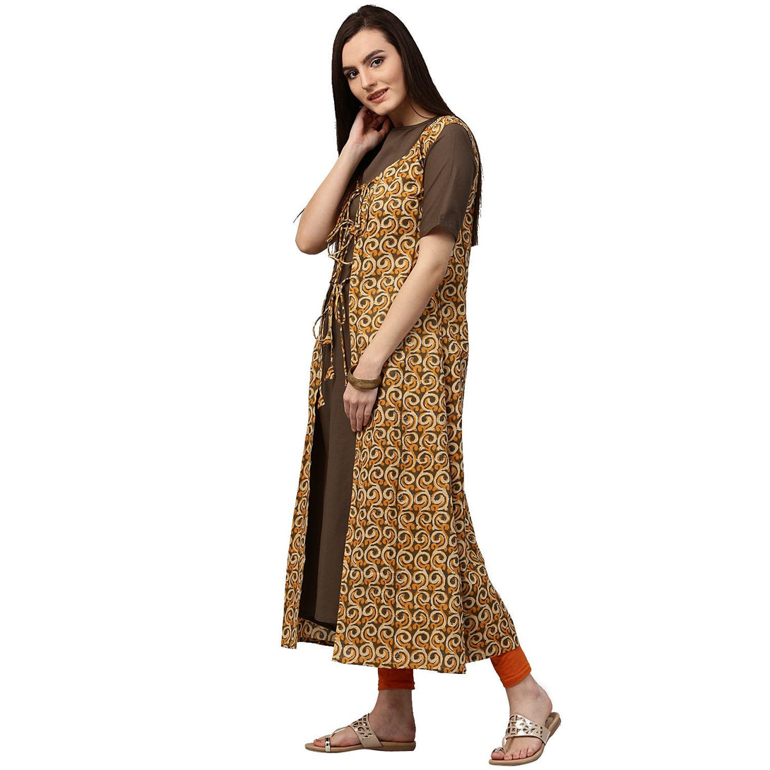 Dark green half sleeve cotton Kurta with Yellow printed floor length Jacket | NOZ2TOZ - Made In INDIA.