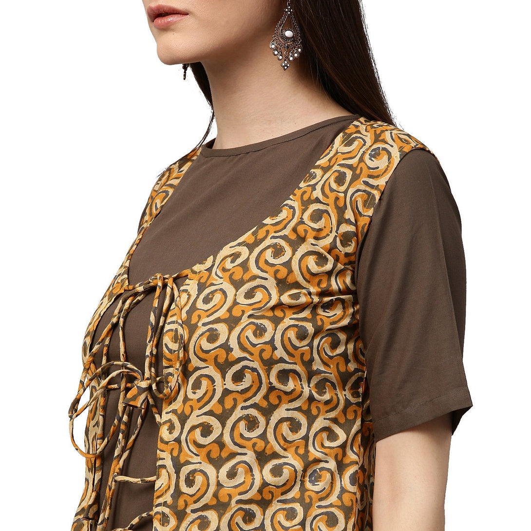 Dark green half sleeve cotton Kurta with Yellow printed floor length Jacket | NOZ2TOZ - Made In INDIA.