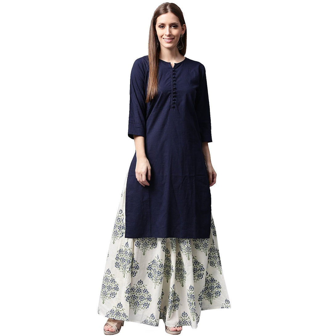 Blue 3/4th sleeve cotton kurta with white printed skirt | NOZ2TOZ - Made In INDIA.