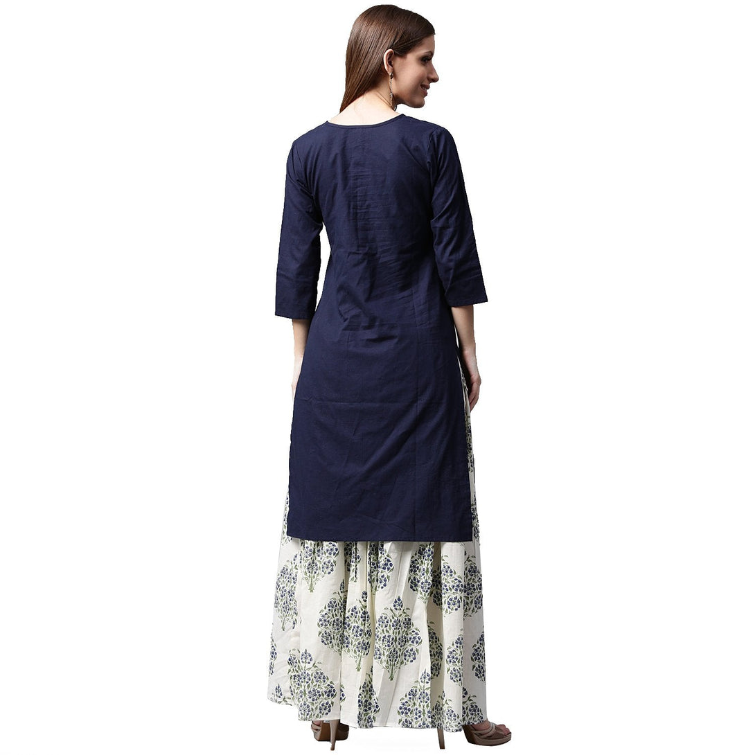 Blue 3/4th sleeve cotton kurta with white printed skirt | NOZ2TOZ - Made In INDIA.