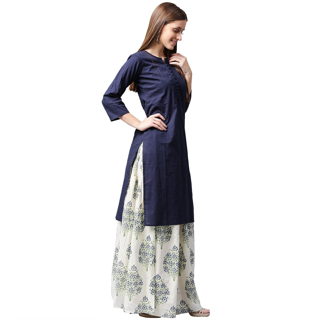 Blue 3/4th sleeve cotton kurta with white printed skirt | NOZ2TOZ - Made In INDIA.