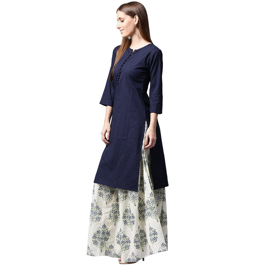 Blue 3/4th sleeve cotton kurta with white printed skirt | NOZ2TOZ - Made In INDIA.