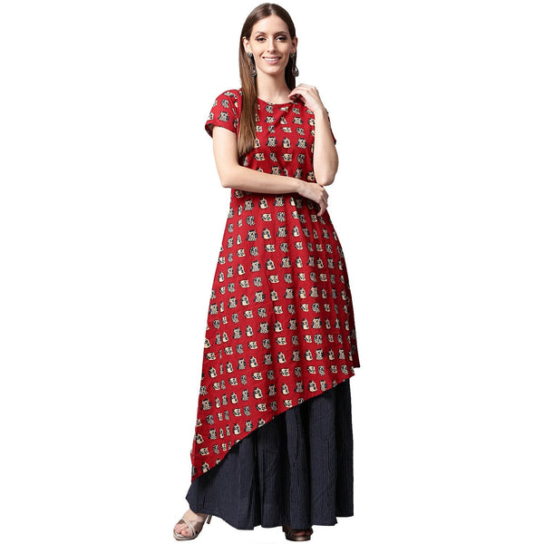 Red printed short sleeve cotton kurta with blue printed skirt | NOZ2TOZ - Made In INDIA.