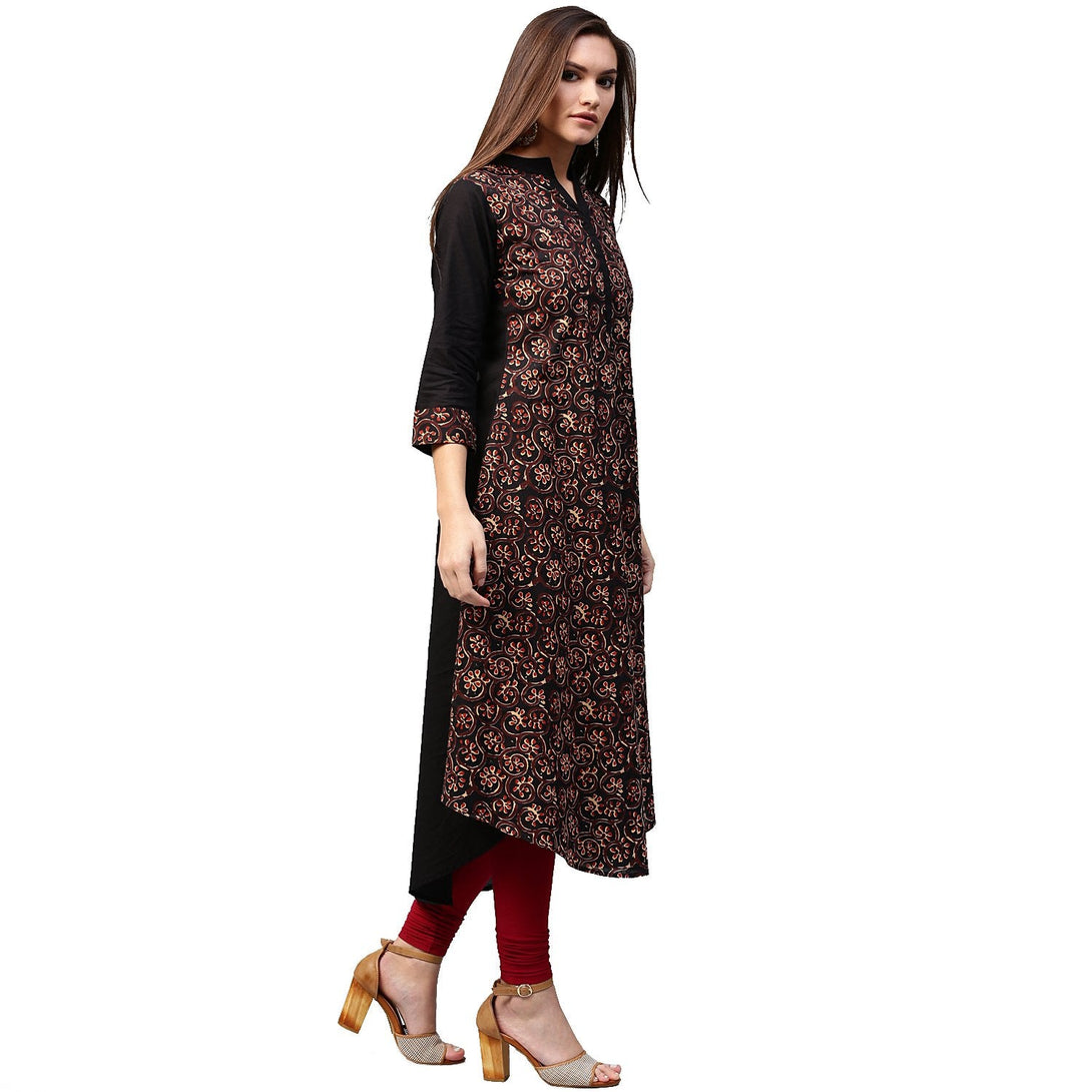 Black & Golden printed 3/4th sleeve cotton A-line kurta | NOZ2TOZ - Made In INDIA.