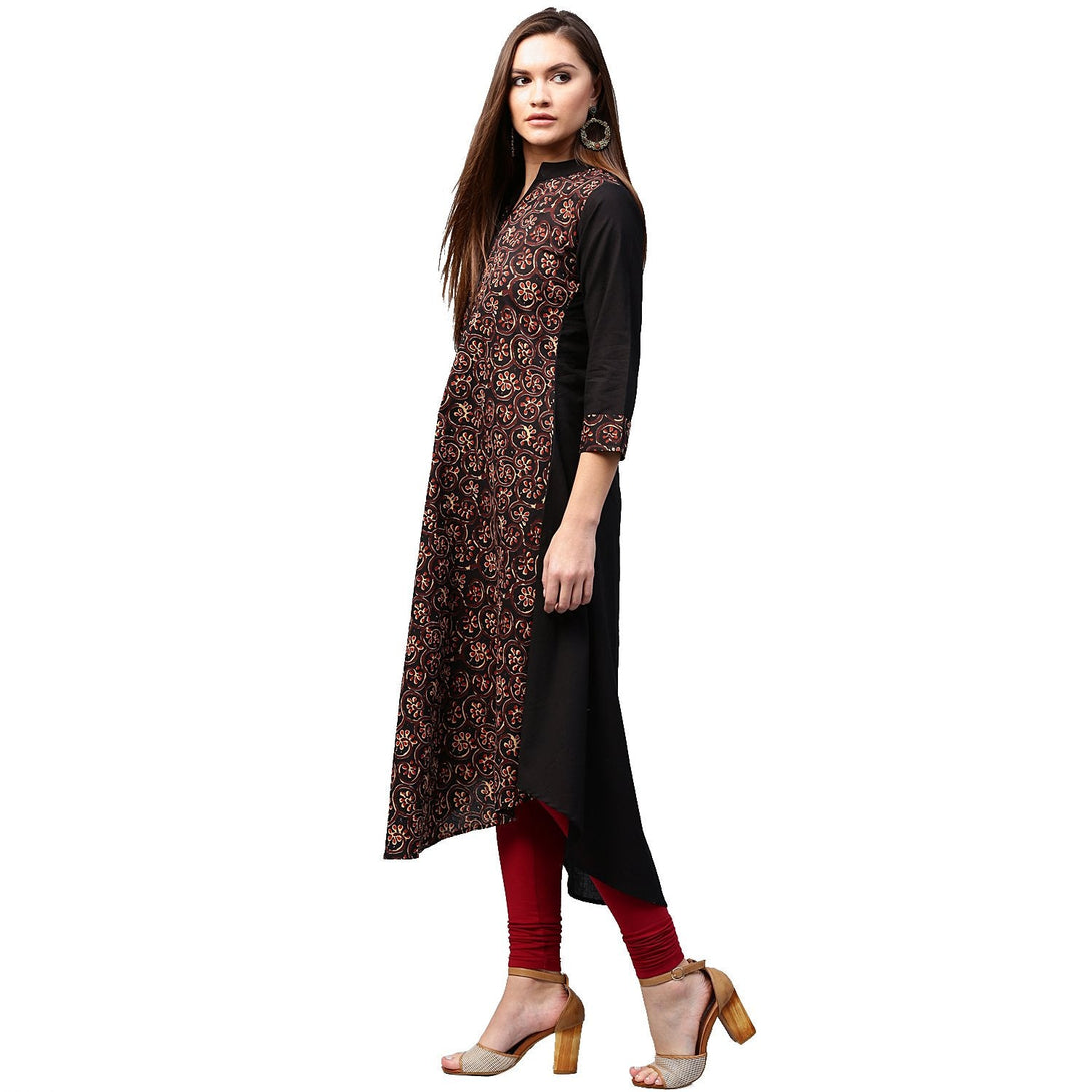 Black & Golden printed 3/4th sleeve cotton A-line kurta | NOZ2TOZ - Made In INDIA.