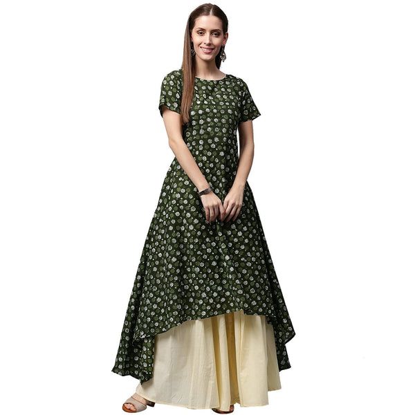 Green printed half sleeve cotton low high A-line kurta with Off white palazzo | NOZ2TOZ - Made In INDIA.