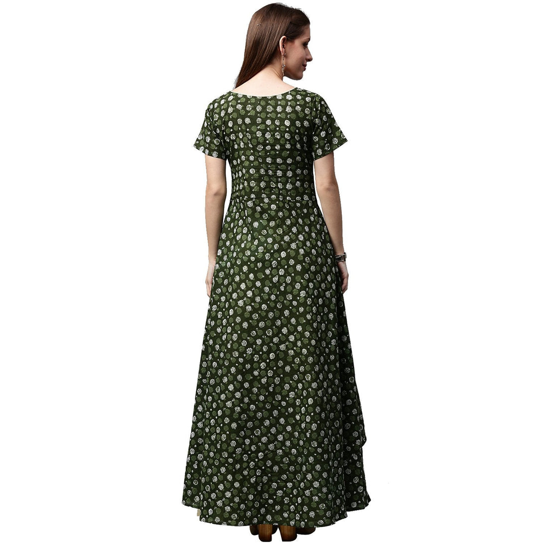 Green printed half sleeve cotton low high A-line kurta with Off white palazzo | NOZ2TOZ - Made In INDIA.